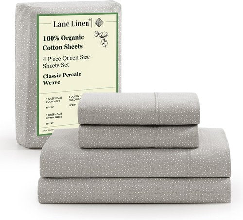 LANE LINEN 100% Organic Cotton Queen Sheets - Soft & Comfy Luxury Percale Weave, 15" Deep Pocket, Snowdrop Color