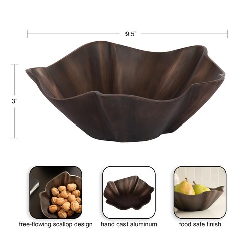 Kate and Laurel Flutte Scalloped Decorative Metal Serving Bowl; 10 x 10 x 3; Bronze; Modern Wavy Fruit Bowl for Kitchen Counter or Use as Tabletop Storage for an Entryway Table