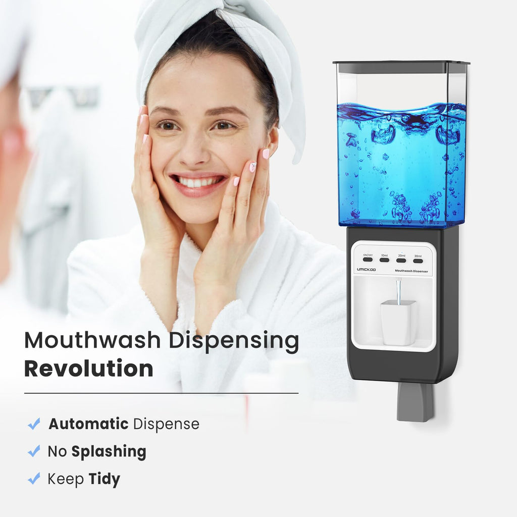 WOVAZUS Auto-Mouthwash Dispenser for Bathroom - 700mL Rechargeable Wall-Mounted with 2 Magnetic Cups, 3 Smart Levels, No-Drill Installation for Kids & Adults (12-Month Battery)