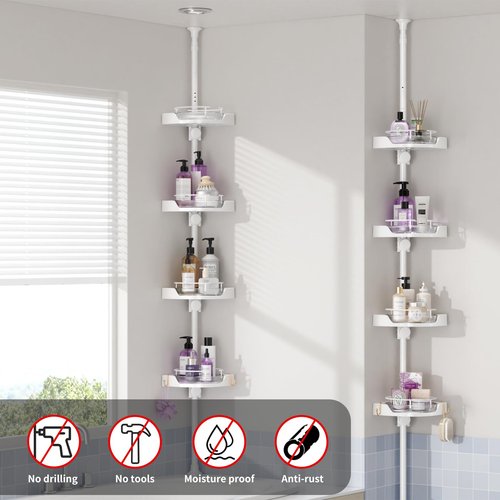 360° Rotating Shower Caddy Tension Pole, 4 Tiers Corner Shower Organizer for Bathroom Shelf Bathtub, Adjustable Standing Shower Rack Bathroom Accessories, Easily Assemble, 34-124 Inch Height, White