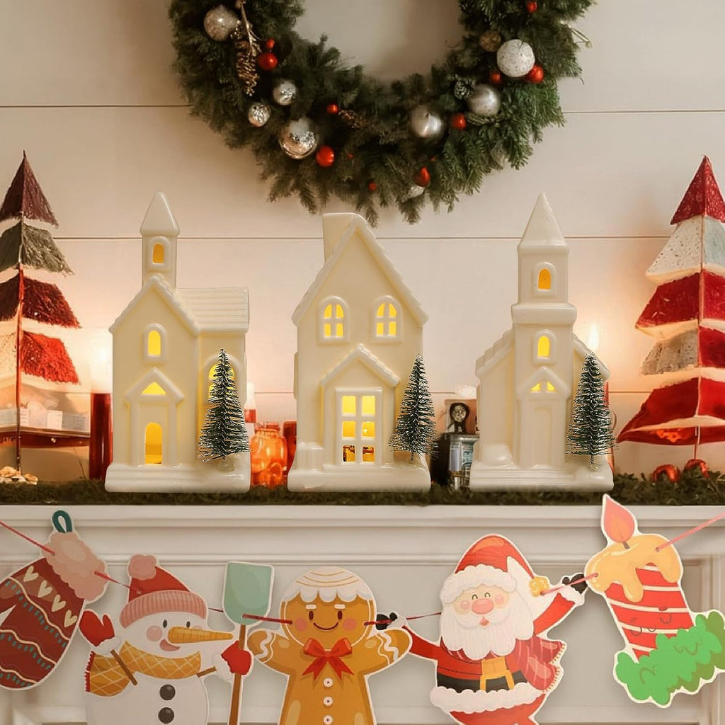 Skiennix Light Up Christmas Houses - White Ceramic Decor with 3 Xmas Trees & Timer | Holiday Village Set
