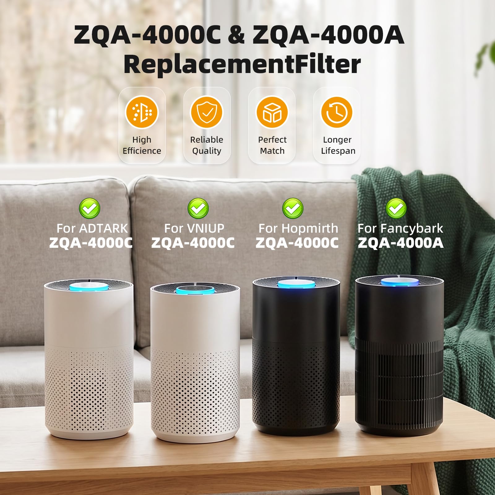 FMDZFL ZQA-4000C Replacement Filter Compatible with VNIUP/ADTARK/Hopmirth ZQA-4000C and Fancybark ZQA-4000A Air Purifier, 3-in-1 HEPA 14 Filtration System, 2-Pack