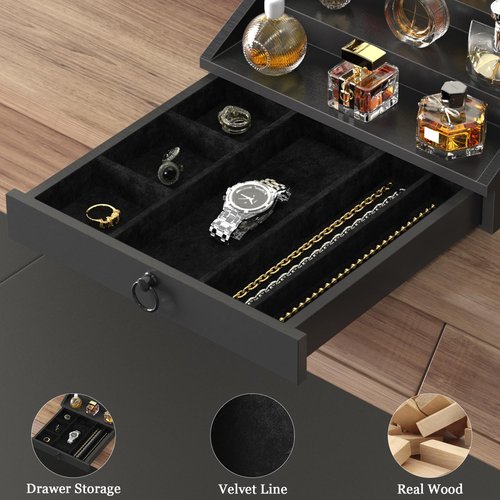 upcessory Wooden Cologne Organizer for Men Enhanced 4 Tier Cologne Stand Shelf Perfume Organizer with Velvet Lined Drawer & Hidden Storage Perfume Display Holder for Dresser Nice Gift (Classy Black)
