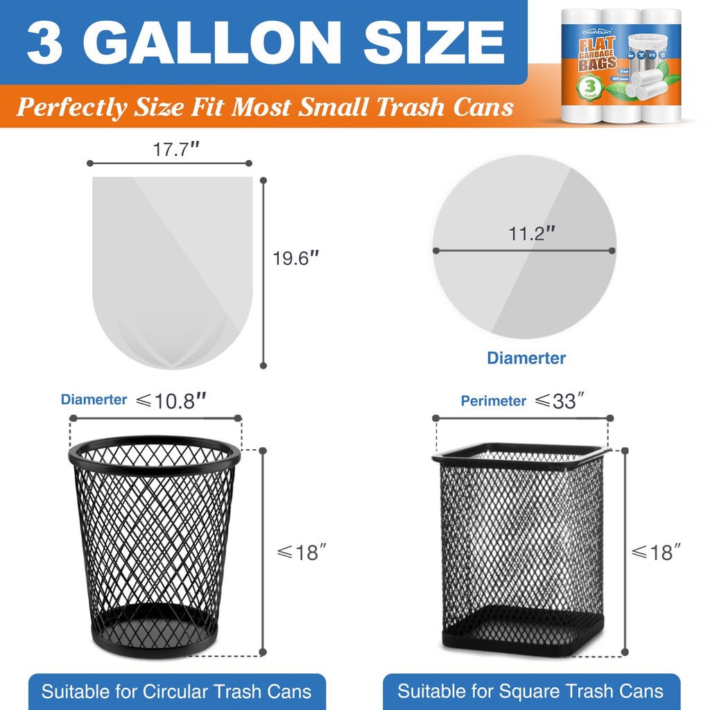 Charmount 3 Gallon Small Trash Bags, 104 Count – Unscented Clear Mini Garbage Bags for Bathroom, Office, Kitchen, 15L Wastebasket Liners