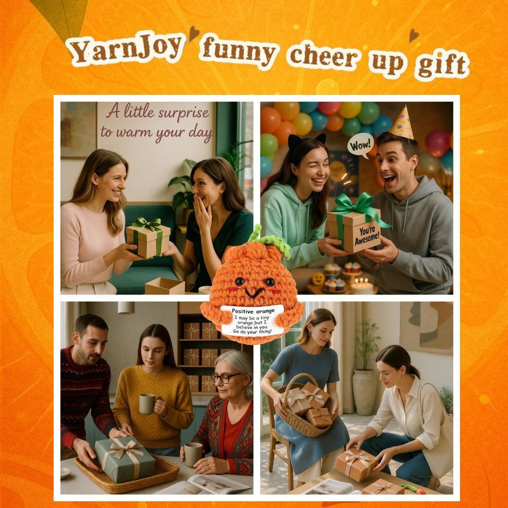 YarnJoy Positive Energy Crochet Orange Gift with Inspiring Affirmation Card Fun Emotional Support Present for Women and Men Perfect Birthday and Office Desk Decor
