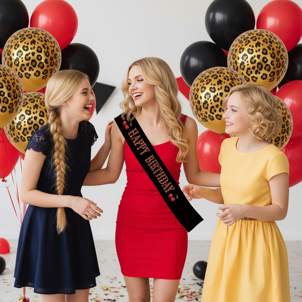 OWWOPATS Cheetah Cherry Happy Birthday Sash, Leopard Satin Sash Birthday Decorations Red and Black Party Decorations for Women and Girls