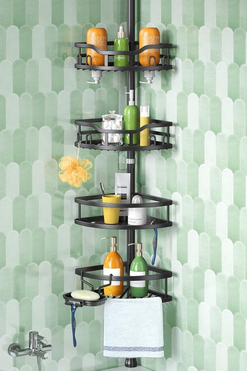 HAMITOR Corner Shower Caddy - Rustproof 4-Tier Bathroom Organizer for Shampoo & Soap | Adjustable 47-121 Inch Black Rack