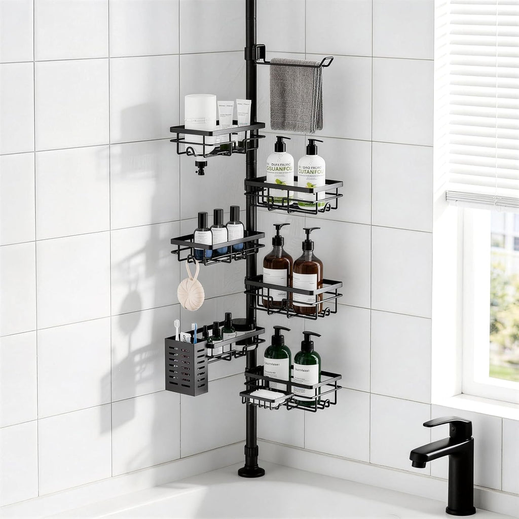 Shower Caddy Organizer - Rustproof Tension Pole with Adjustable 30-120 Inch Rack | 6-Pack Corner Shelf, Towel Bar & Soap Dish in Black