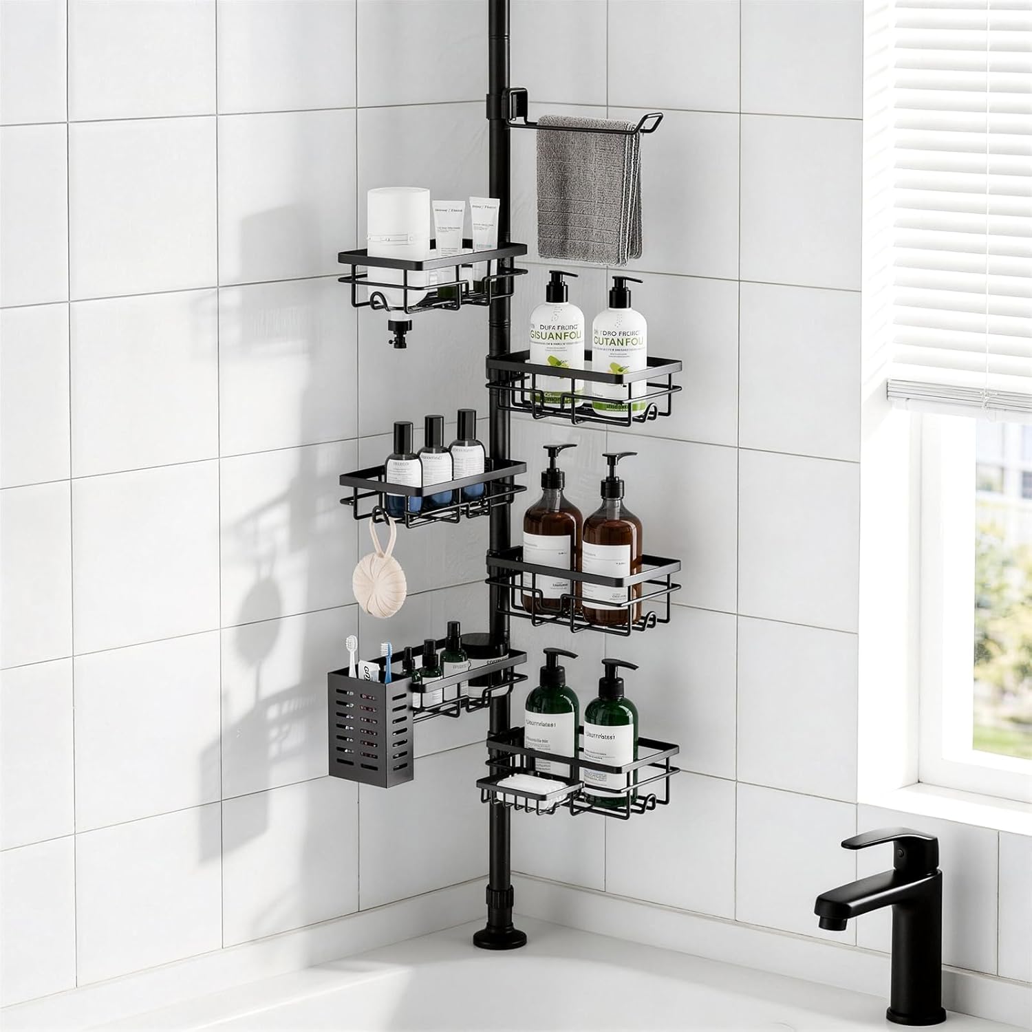 Shower Caddy Organizer - Rustproof Tension Pole with Adjustable 30-120 Inch Rack | 6-Pack Corner Shelf, Towel Bar & Soap Dish in Black