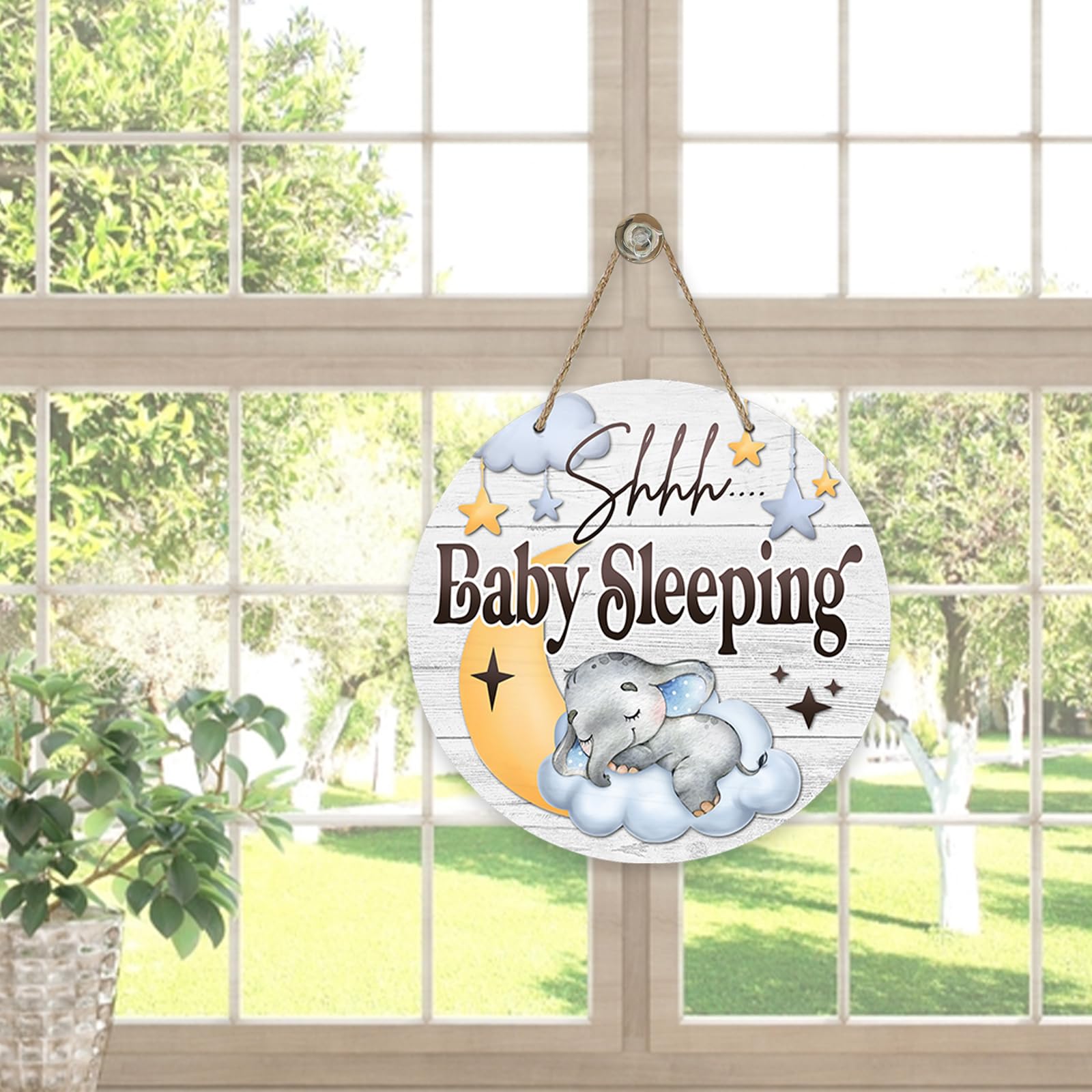 Shhh Baby Sleeping Front Door Sign, Elephant Moon Cloud Stars Wood Door Hanger Nursery Kids Bedroom Decor, Infant Toddler Baby Boy Girl Room Rustic Wooden Wreath Indoor Wall Hanging Decoration