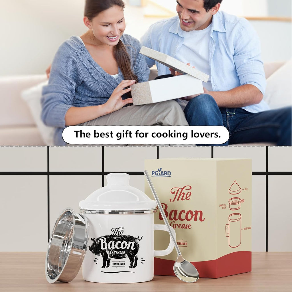 PGYARD Mini Bacon Grease Container - 15oz Enamel Strainer for Kitchen Fat Storage | Dishwasher Safe, White