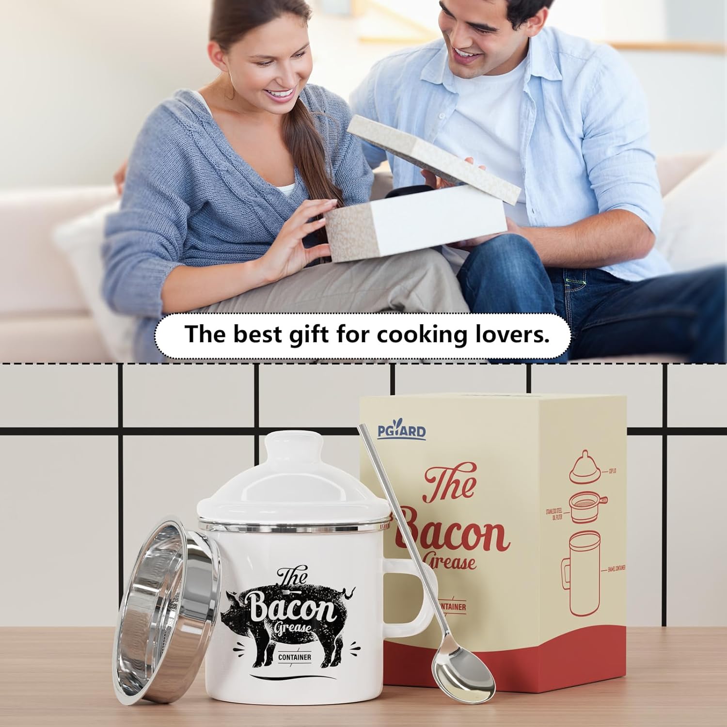 PGYARD Mini Bacon Grease Container - 15oz Enamel Strainer for Kitchen Fat Storage | Dishwasher Safe, White