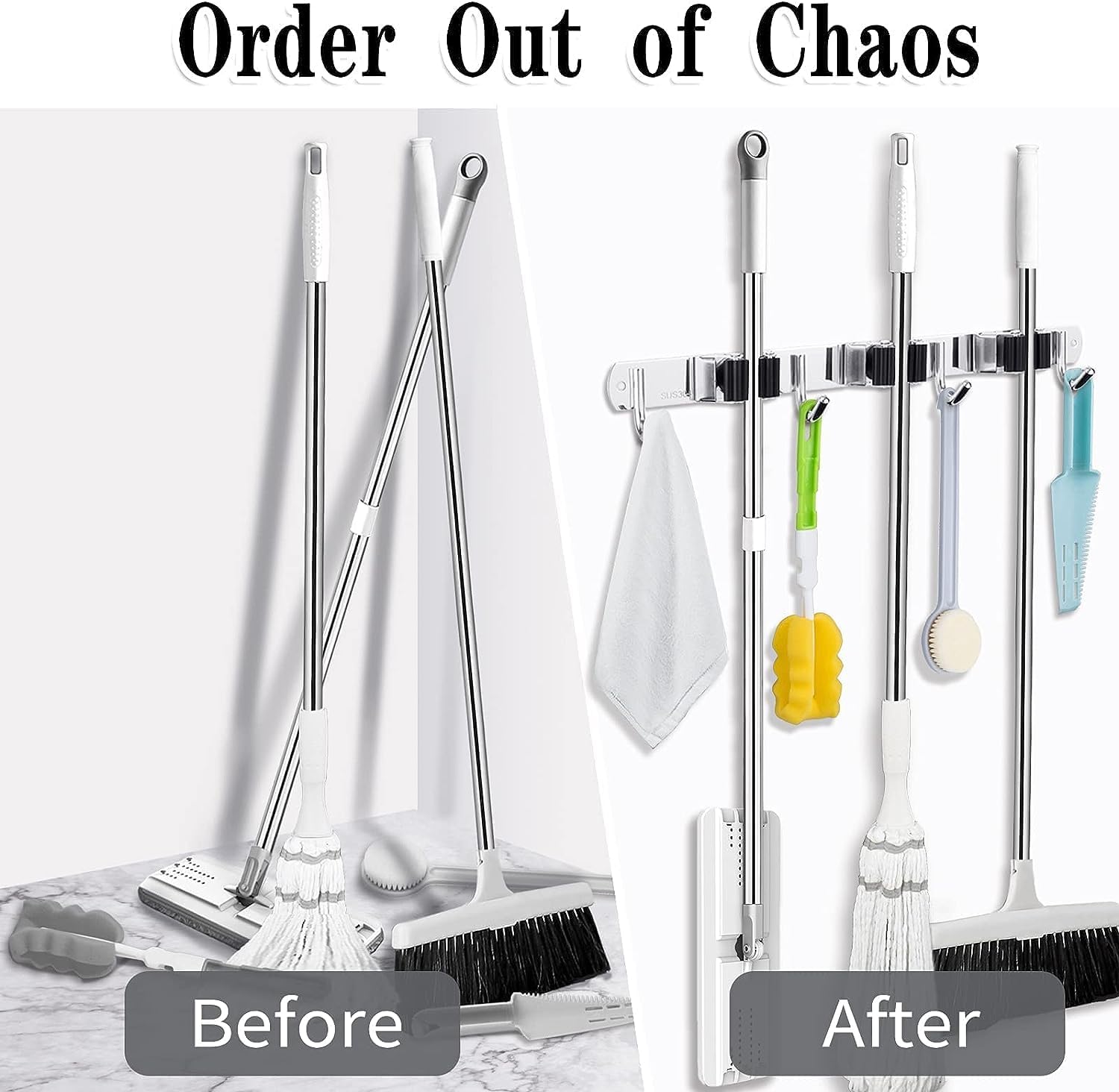 Skiennix Broom and Mop Holder - Wall Mounted Garage Organizer with 3 Racks & 4 Heavy-Duty Hooks | Stainless Steel, Non-Slip