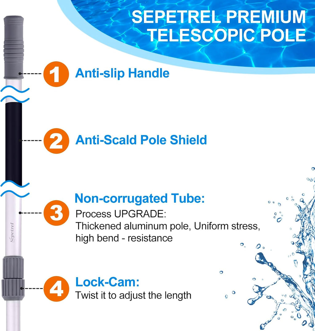 Sepetrel Professional 15-Foot Telescoping Pool Pole - Adjustable with Threaded Tips for Skimmer Net & Brush