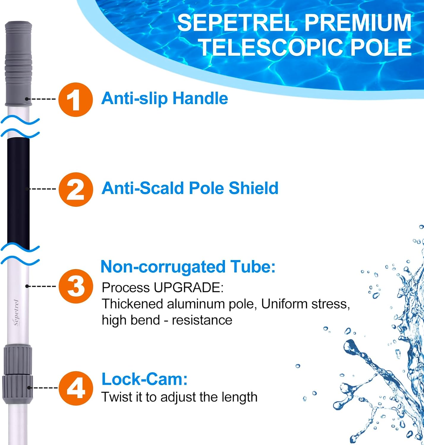 Sepetrel Professional 15-Foot Telescoping Pool Pole - Adjustable with Threaded Tips for Skimmer Net & Brush