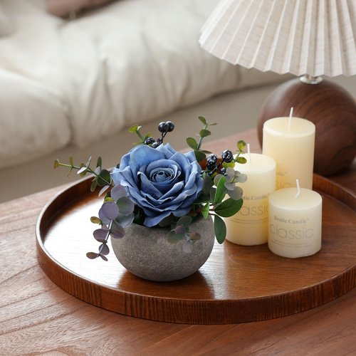 mizii DIY Small Artificial Flowers Potted Kit Fake Flower Realistic Silk Rose and Greenery with Vase for Gifts Table Centerpiece Mantle Office Desk Shelves Living Room Decorations (Navy Blue)