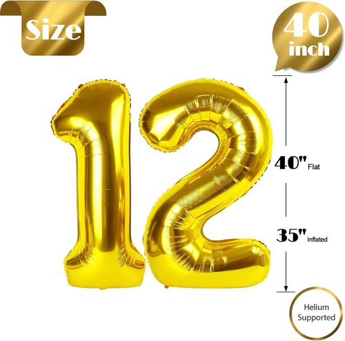 Gold Number 12 Balloon - 40 Inch Giant Foil Balloon for 12th Birthday Party Decorations