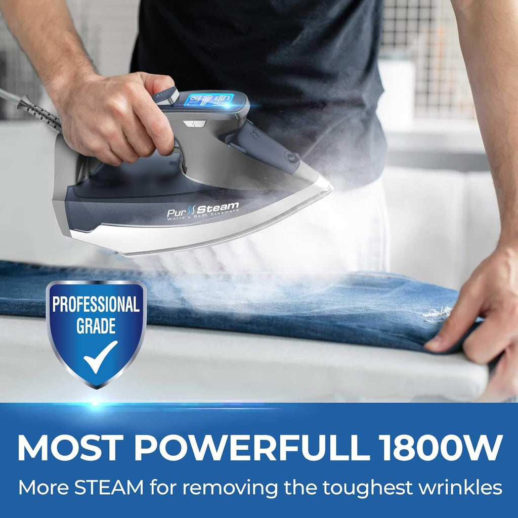 Pursteam Steam Iron - 1800W LCD Screen, Nonstick Ceramic Soleplate, Auto Shutoff & Self-Cleaning