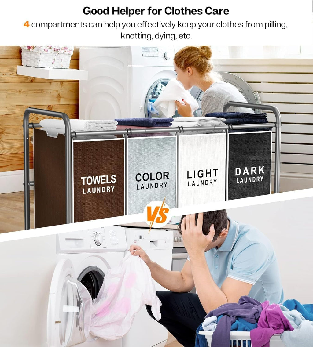 ROMOON Laundry Hamper Cart - 4-Section Organizer with Lockable Wheels & Removable Bags | 180L Rolling Basket for Small Spaces (Multicolor)