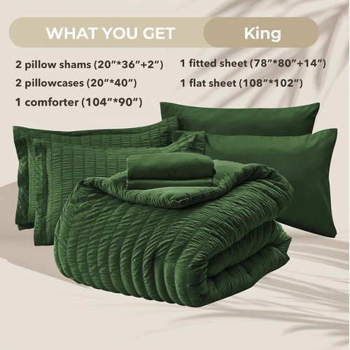 HYMOKEGE King Size Comforter Set - Dark Green Seersucker 7-Piece Luxury Bedding Set for All Seasons