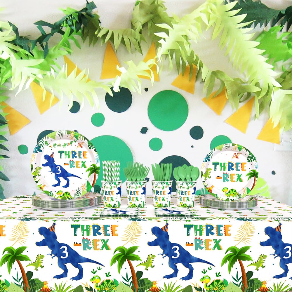 AIBIIN 194pcs Three Rex Birthday Decorations for Boy 3rd Birthday Party Plates, Cup, Napkin, Tablecloth, Tableware, Dinosaur 3 year old Birthday Party Supplies Plates Serve 24 Guests