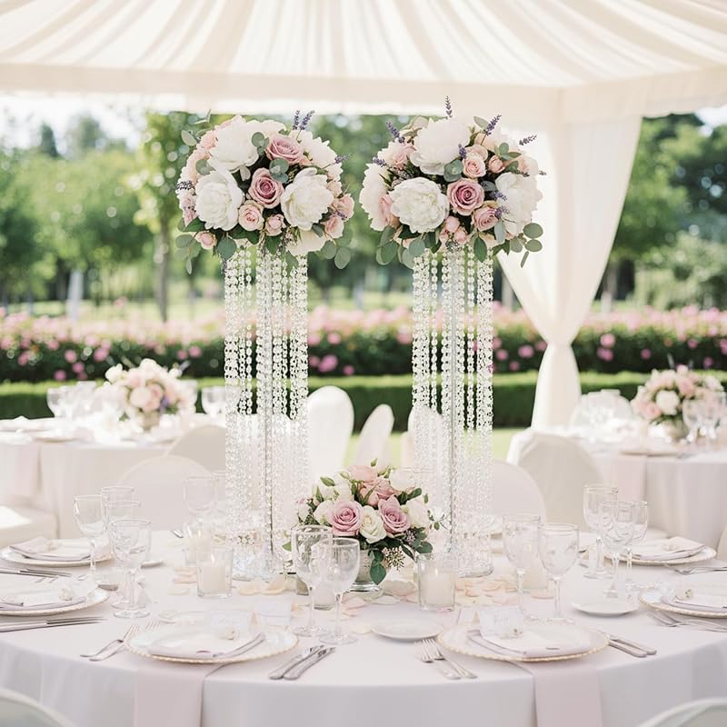 Silver Wedding Centerpiece Vases Set of 10 - 35.4in Tall Metal Acrylic Crystal Stands (Variation: Silver+10 Pc - 35.4inch)