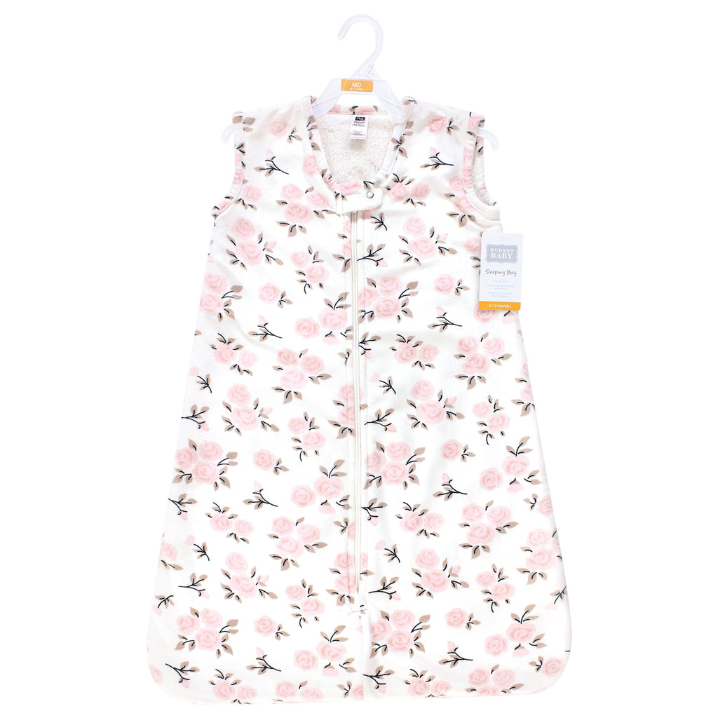 Hudson Baby Infant Girls Plush Faux Fur Sleeping Bag, Wearable Blanket, Neutral Pink Floral, 0-6 Months