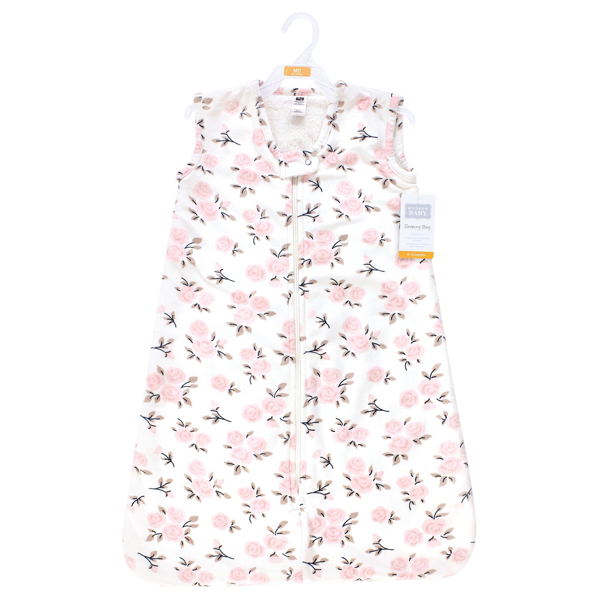 Hudson Baby Infant Girls Plush Faux Fur Sleeping Bag, Wearable Blanket, Neutral Pink Floral, 0-6 Months