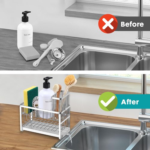 Sinnsally Kitchen Sponge Holder,2 Tier Sink Caddy Organizer with High Brush Holder,Stainless Steel Sink Box Dish Scrubber Holder,Soap Tray for Kitchen Counter Accessories & Storage Rack (Silver)