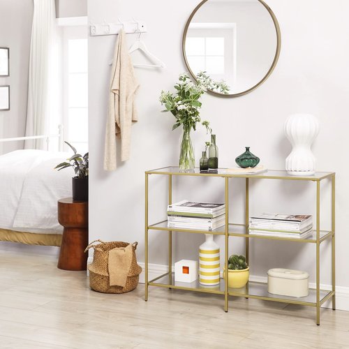 VASAGLE 39.4 Inch Console Table with 3 Shelves, Sofa Tables, Modern Entryway Table, Metal Frame, Tempered Glass Shelf, Entryway Living Room Bedroom, Metallic Gold and Transparent ULGT27G