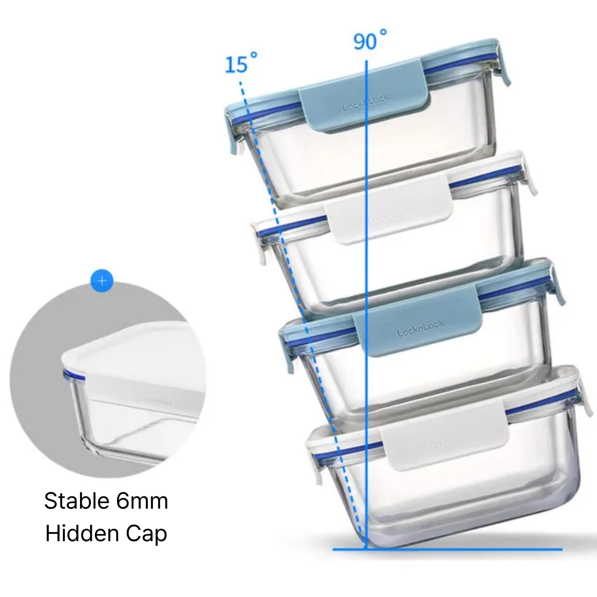 LocknLock LNG445S3M The Clear Borosilicate Glass Food Storage Containers with Lids, 6-Piece Set for Kitchen, Lunch, Meal Prep, Leftovers, Leakproof, Freezer, Microwave, and Dishwasher Safe, Mint