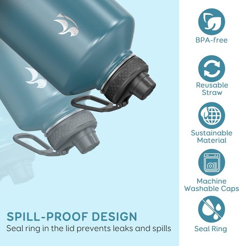 Coolflask 128 oz Gallon Water Bottle Insulated with Straw&3 Lids, Water Jug Large Stainless Steel Metal Vacuum Wide Mouth for Sports, Gym or Office, Non-BPA Keep Cold 48H Hot 24H, Samurai Cyan