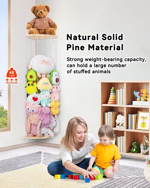 Corner Stuffed Animal Storage Net - Heigh Adjustable Wood Stuffed Animal Organizer - Large Wall Plush Holder Teddy Bear Storage for Bedroom Nursery Decor