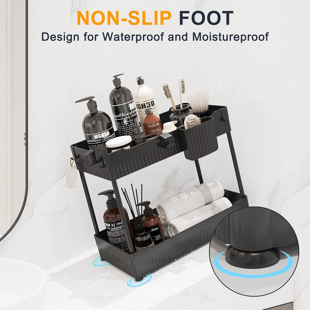 Sevenblue Under Sink Organizer - Multi-Purpose Storage Shelf with Hooks for Kitchen & Bathroom | Black, 2 Pack