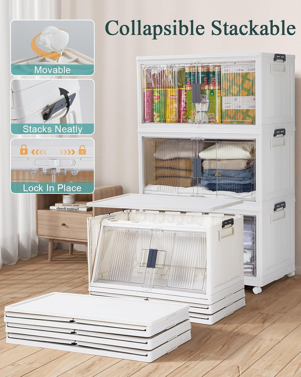 OlarHike 97QT Stackable Storage Bins - Collapsible Plastic Boxes with Lids & Wheels | 3-Pack for Closet Organization