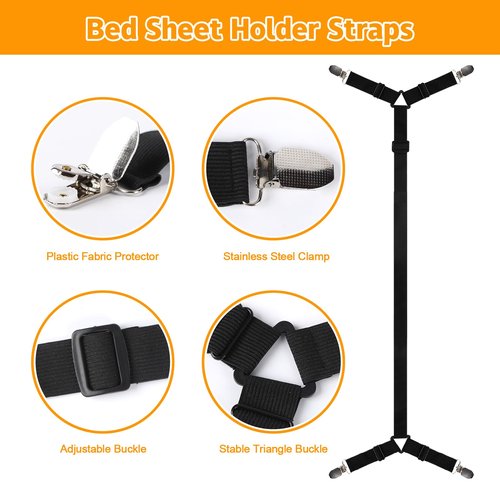yccsedd Bed Sheet Straps, 4Pcs Elastic Adjustable Bed Sheet Holder Straps, Fitted Sheet Straps to Hold Sheets in Place with Metal Clips, Sheet Holders for Mattress Cover, Sheet, Sofa Cushion (Black)