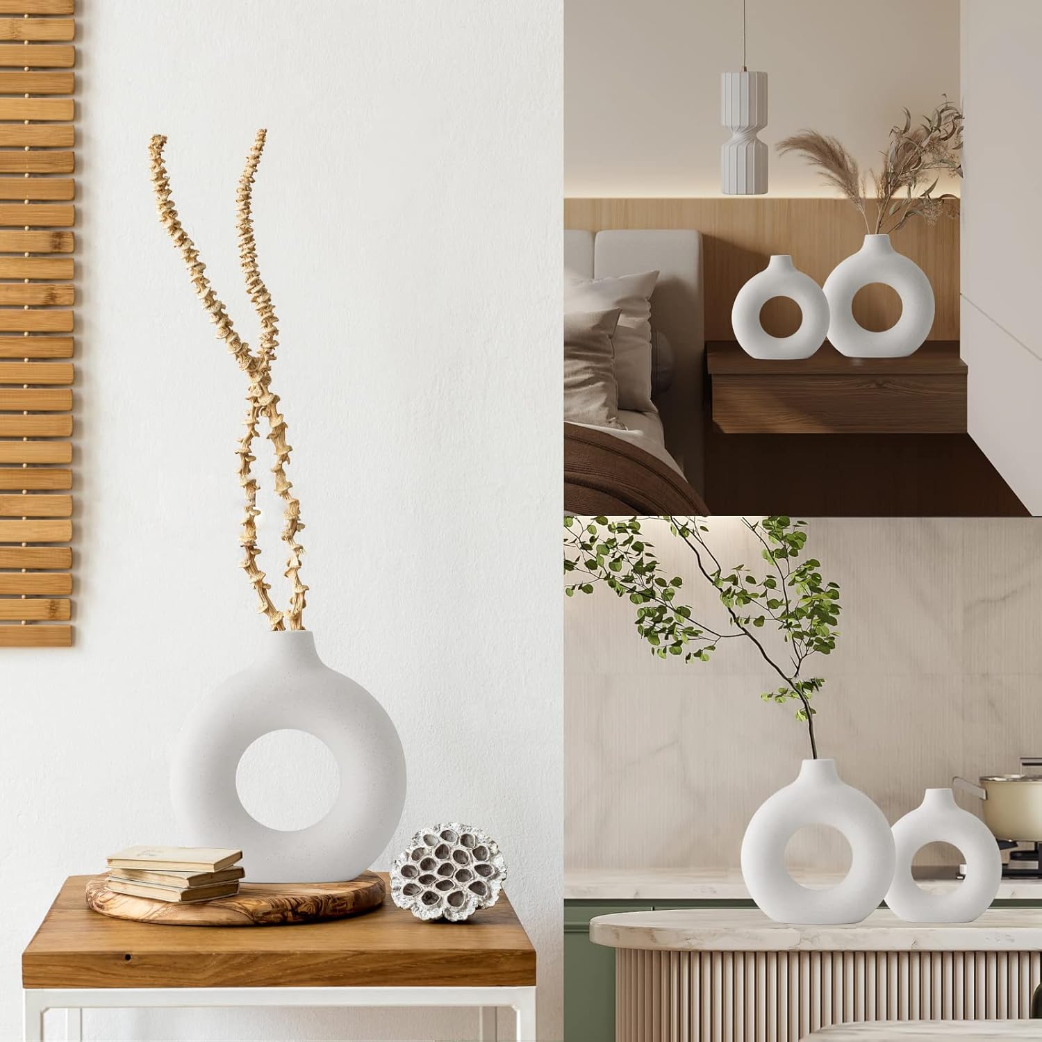 Skiennix White Ceramic Vases - Modern Round Pampas Grass Decor | Set of 2 for Minimalist Home & Office