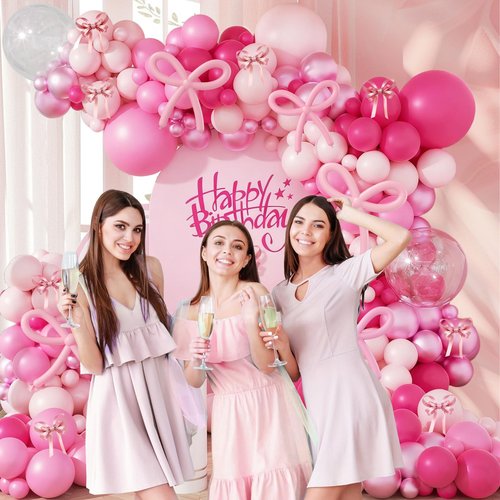 140pcs Bow Hot Pink Balloon Arch Kit, Hot Pink Light Pink Metallic Pink Balloon 18inch Clear Balloons Pink 260 Balloons for Pink Bow Coquette Birthday Decorations Baby Shower Party Decorations