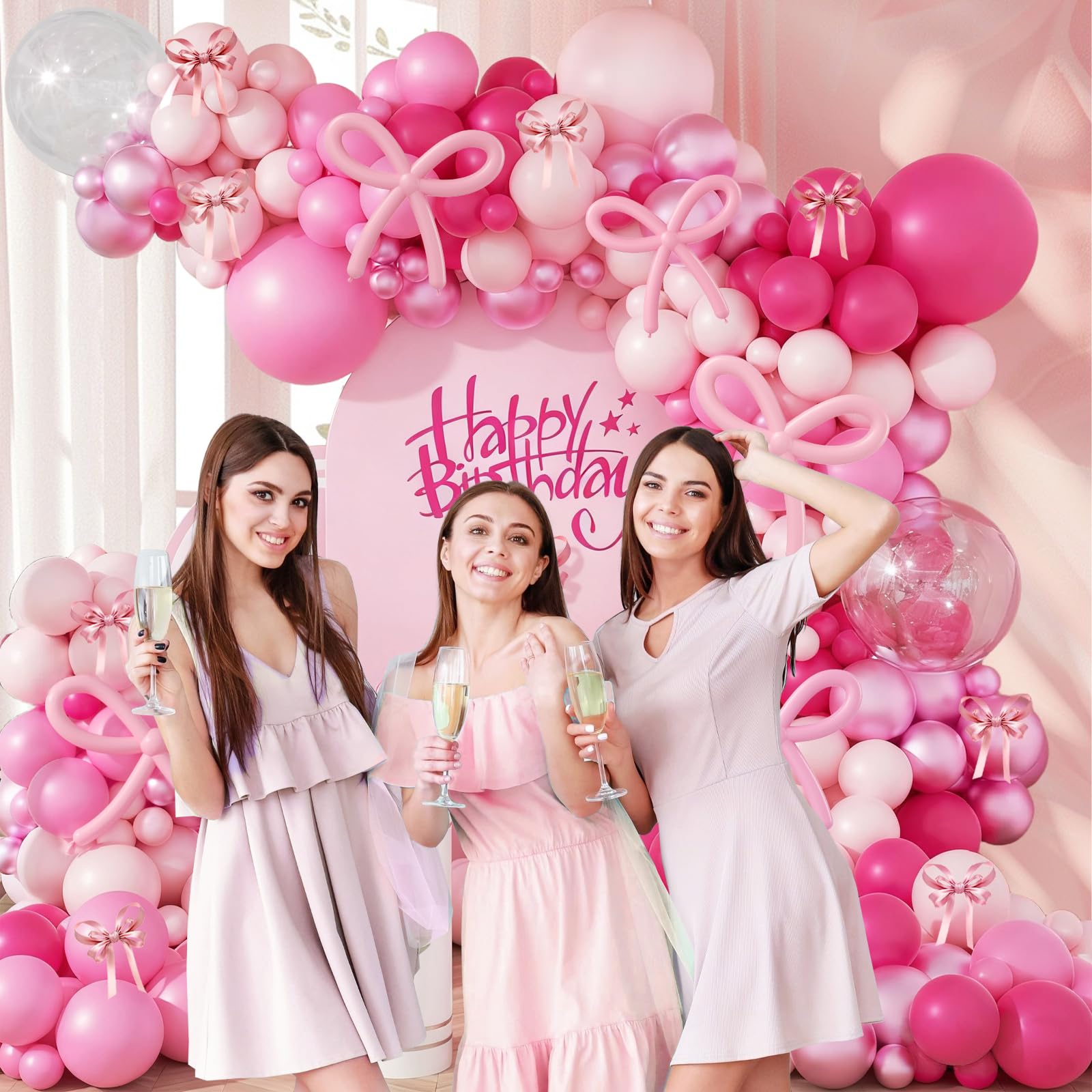 140pcs Bow Hot Pink Balloon Arch Kit, Hot Pink Light Pink Metallic Pink Balloon 18inch Clear Balloons Pink 260 Balloons for Pink Bow Coquette Birthday Decorations Baby Shower Party Decorations