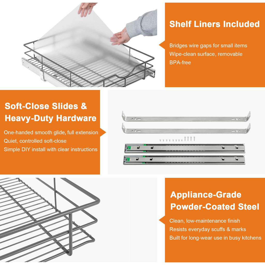 ALINE FURNITURE Pull Out Shelves - 17" W x 22" D Soft Close Pull Out Cabinet Organizer 1 Tier - Slide Out Drawers with Shelf Liner, Heavy Duty Steel Wire Baskets for Kitchen Cabinets, Pantry, Bathroom