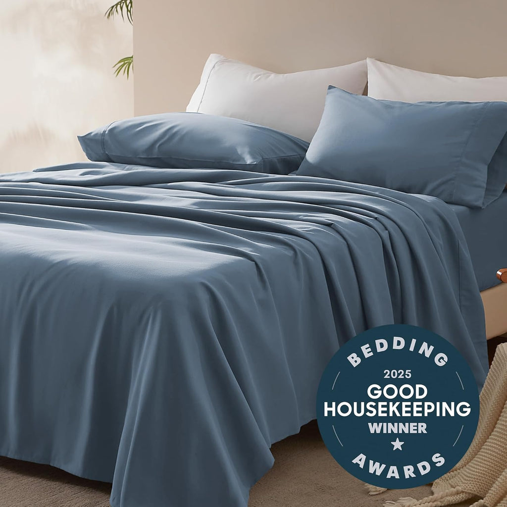 Sleep Zone Queen Sheet Set - Soft & Breathable 4-Piece Cooling Bed Sheets | Deep Pocket 16" (Flint Blue)