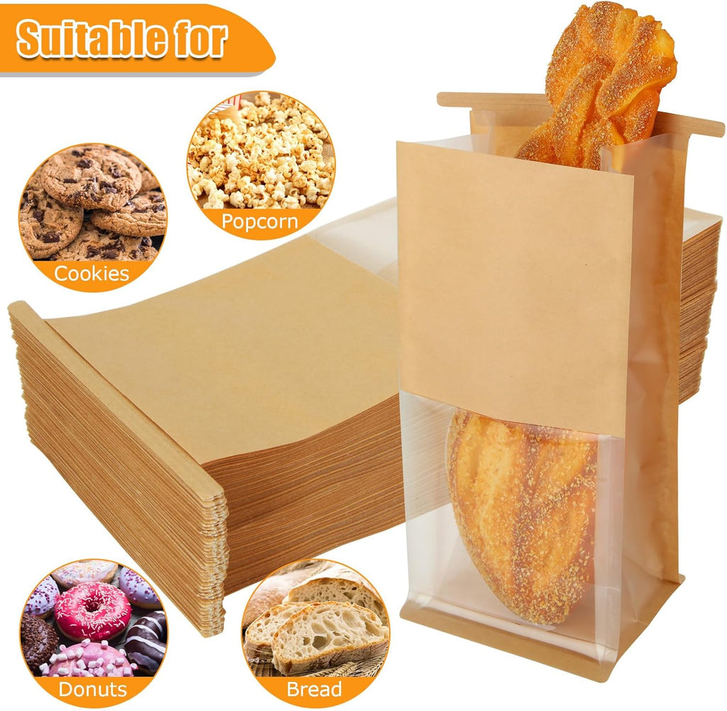 Skiennix 150PCS Bakery Bags - Windowed Kraft Paper Cookie Bags for Treats | 5.1 x 4.3 x 11.2 Inch