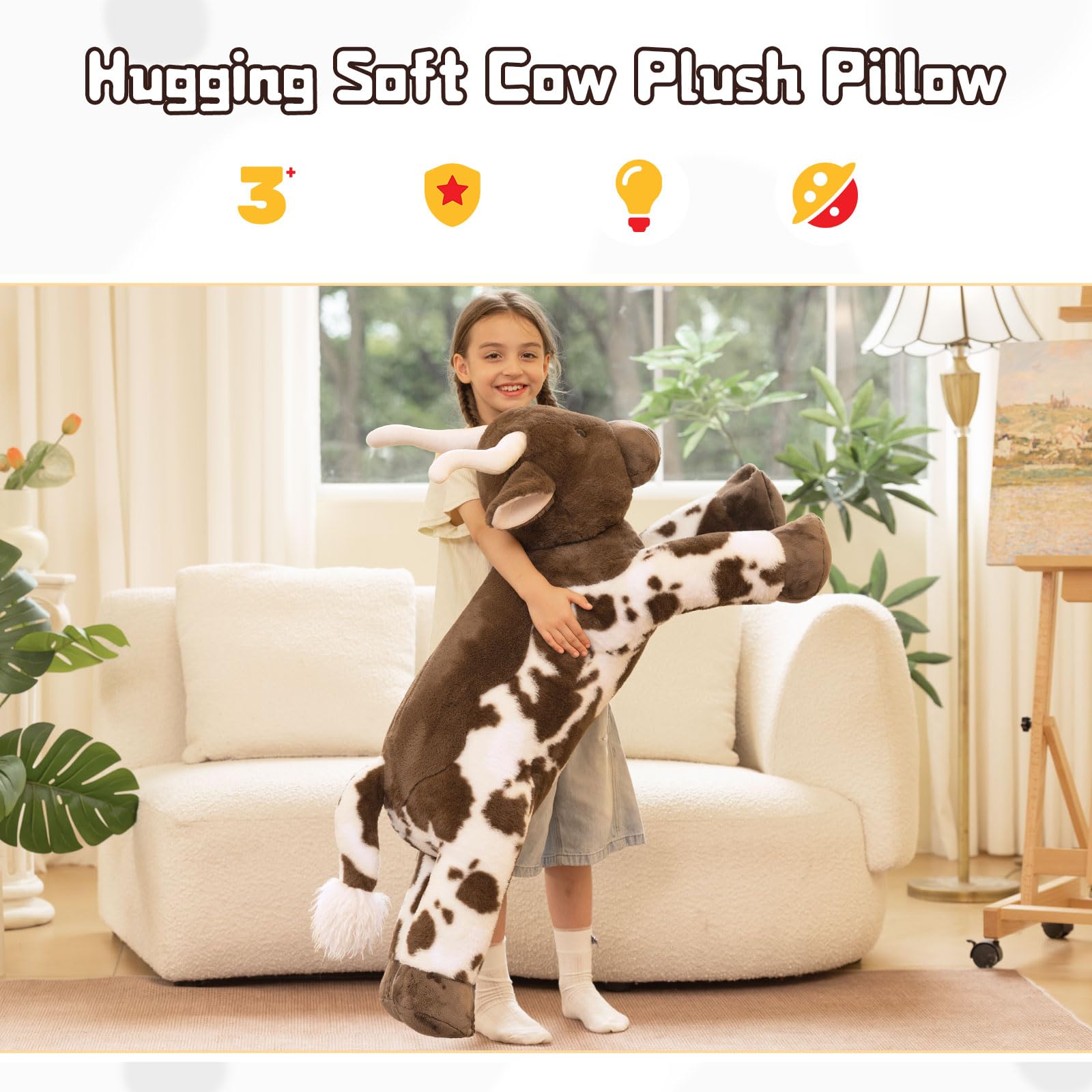 Tezituor 43.3 Giant Longhorn Cow Stuffed Animal, Hugging Fluffy Stuffed Cow Plush Body Pillow, Realistic Large Texas Longhorn Bull Farm Plush Toy for Boys Girls