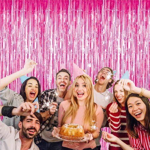 GOER Metallic Tinsel Foil Fringe Curtains - 3.2 ft x 8.2 ft Party Backdrop for Galentine's Day, Birthdays & Weddings | Hot Pink