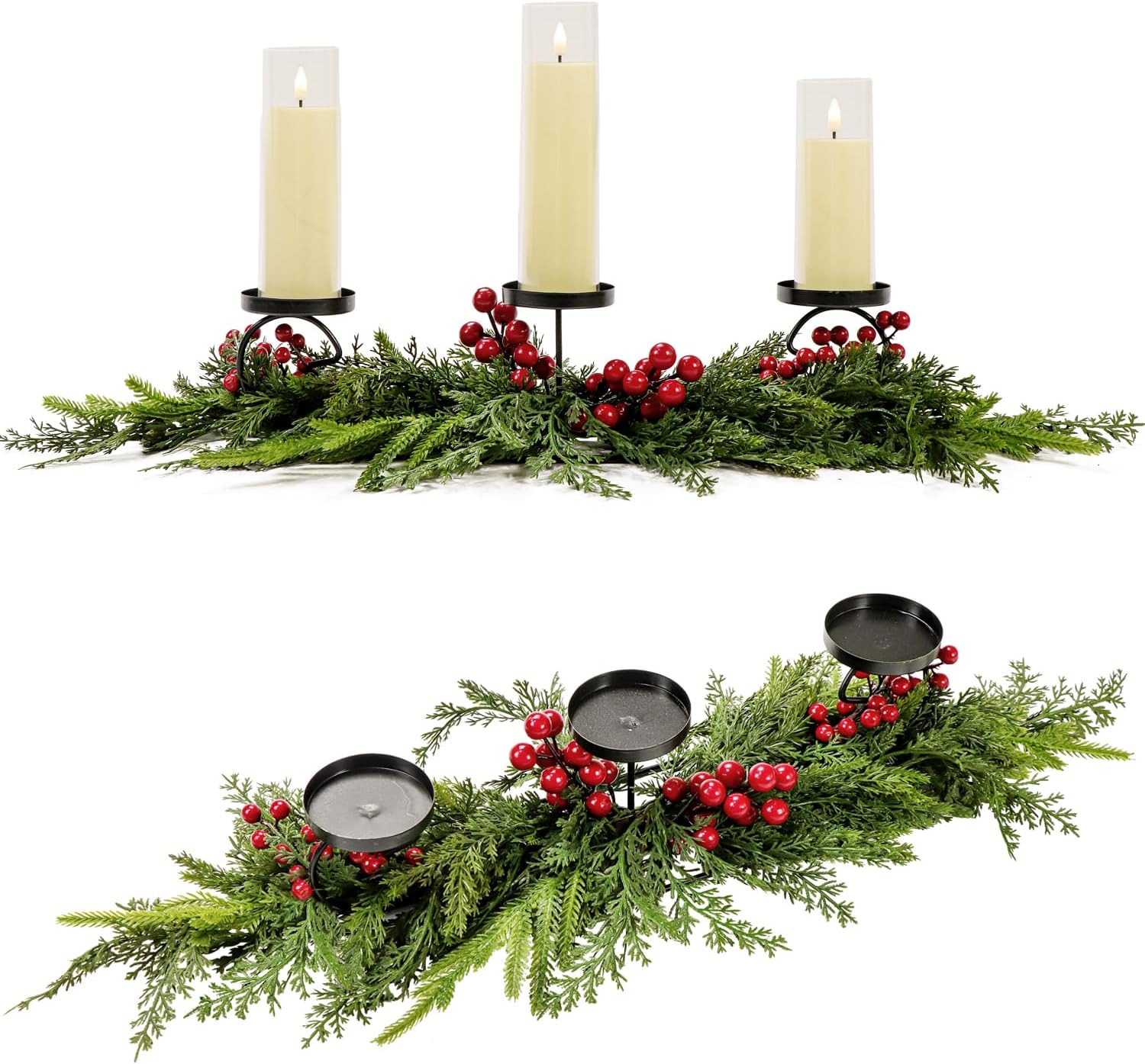 Regine Switzerland Rustic Christmas Candle Holder - 3 Tray Design with Norfolk Pine & Red Berries | 40cm Holiday Centerpiece