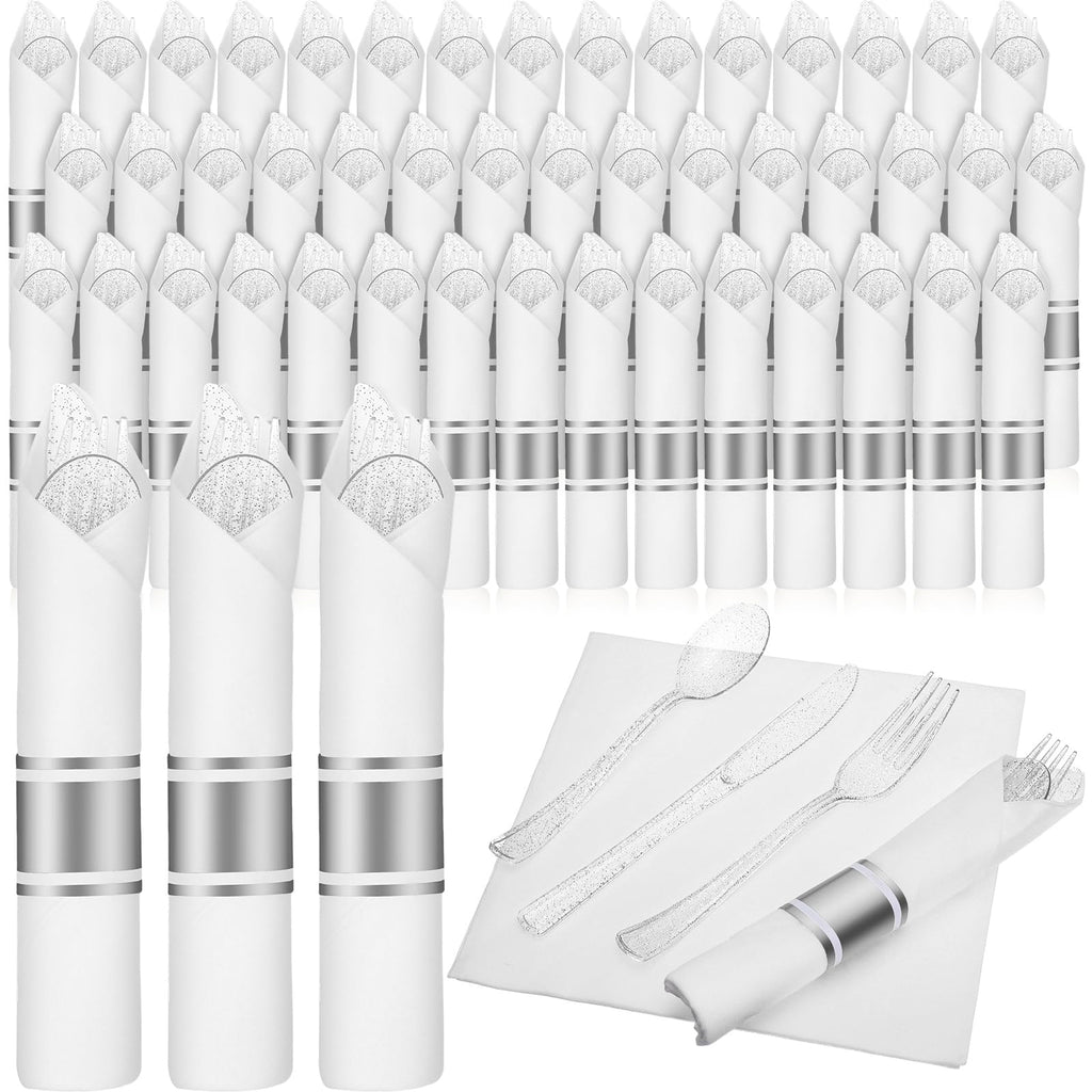 Zubebe 100 Pack Pre Rolled Silverware Set Disposable Wrapped Plastic Cutlery Set with Napkin Disposable Utensils Includes Forks Knives Spoons Napkins Wrapped for Party Dinners Wedding(Silver, White)