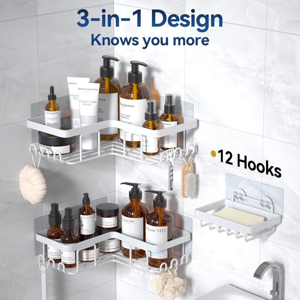 YASONIC Corner Shower Caddy - Rustproof Stainless Steel Organizer with Soap Holder & 12 Hooks | White, 3-Pack