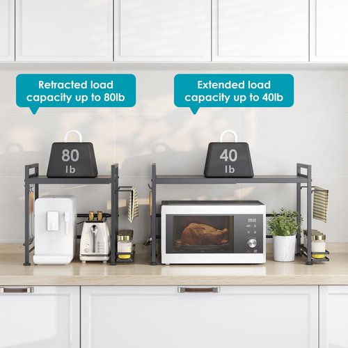 DOLALIKE Microwave Oven Rack, Expandable Microwave Stand Countertop Kitchen Utensils Tableware Storage, Carbon Steel Over Microwave Shelf Countertop with 6 Hooks