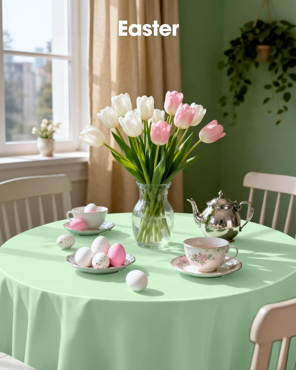 Pureegg Disposable Plastic Tablecloths - 84'' Round, Leakproof & Sturdy, Sage Green - 8 Pack for Easter Parties