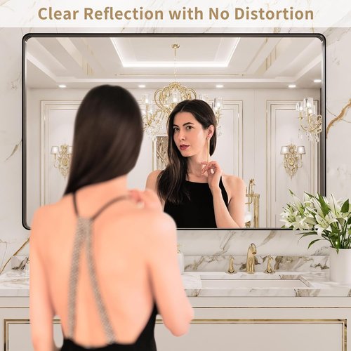 LOAAO Black Metal Framed Bathroom Mirror - 48x40 Inch Large Rounded Rectangle, Anti-Rust Tempered Glass, Versatile Hanging Options